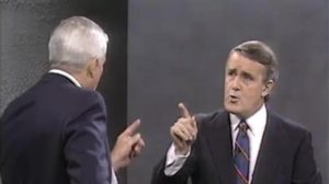 John Turner confronted Prime Minister Brian Mulroney in an October 1988 election debate on free trade. 